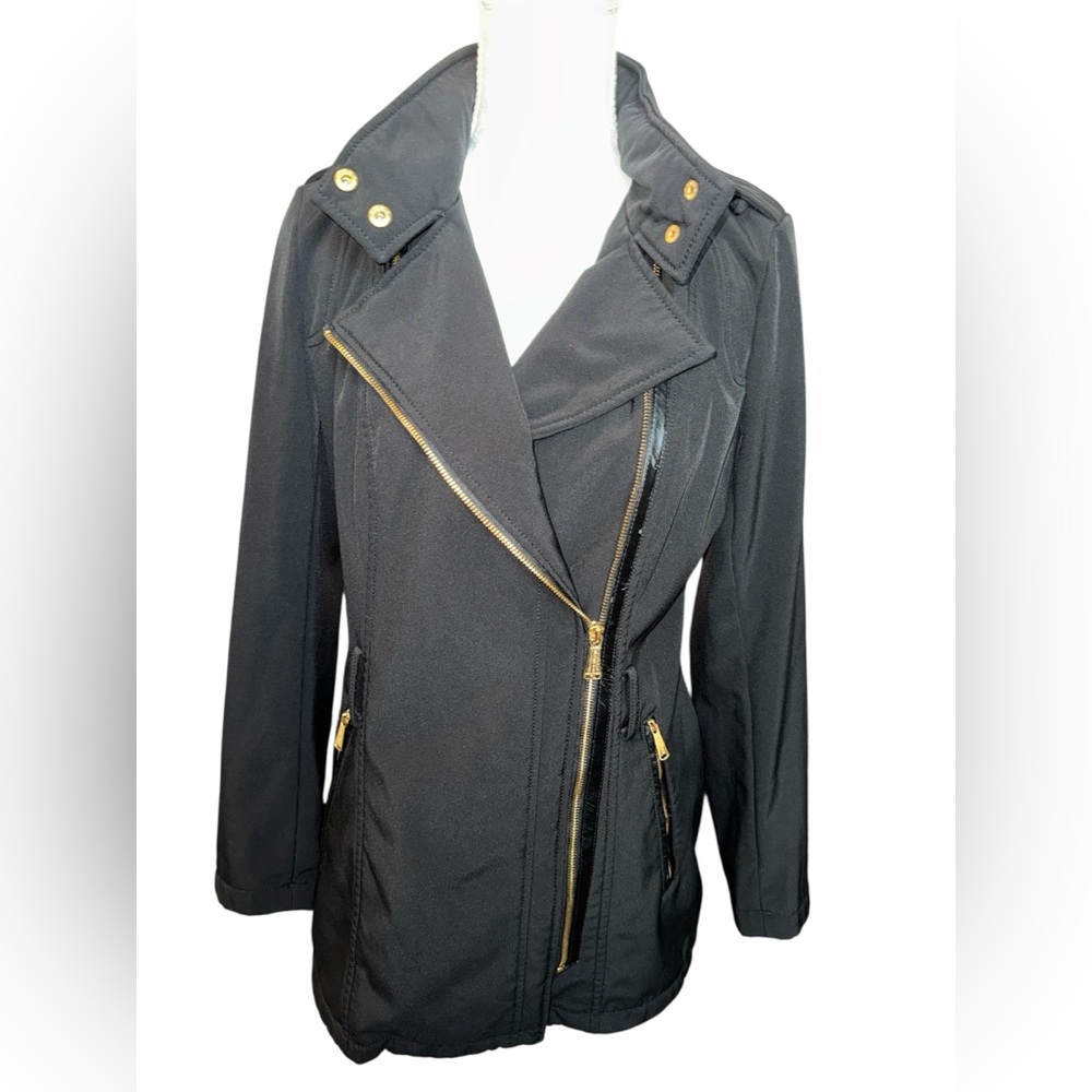 Michael Kors Black Trench Coat with Prominent Gold Zipper and Hardware #117